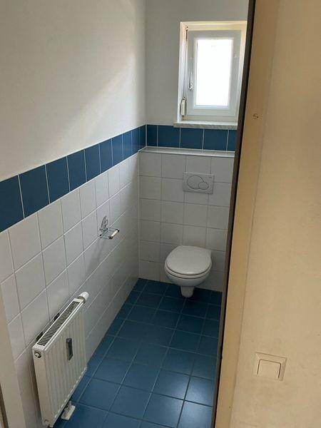 Separate Toilette mit blauen und weißen Fliesen, Wand-WC und kleinem Fenster.