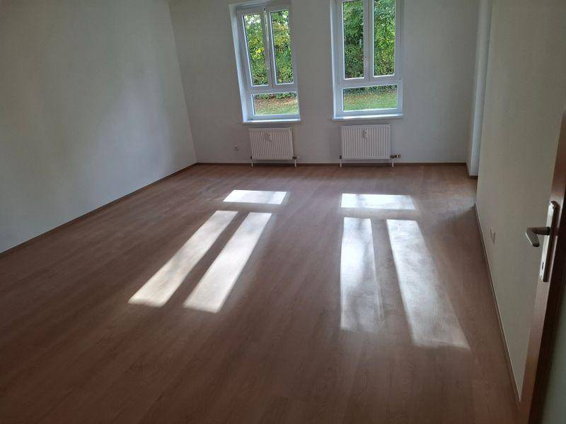 Lichtdurchfluteter, leerer Raum mit zwei großen Fenstern und hellem Laminatboden.