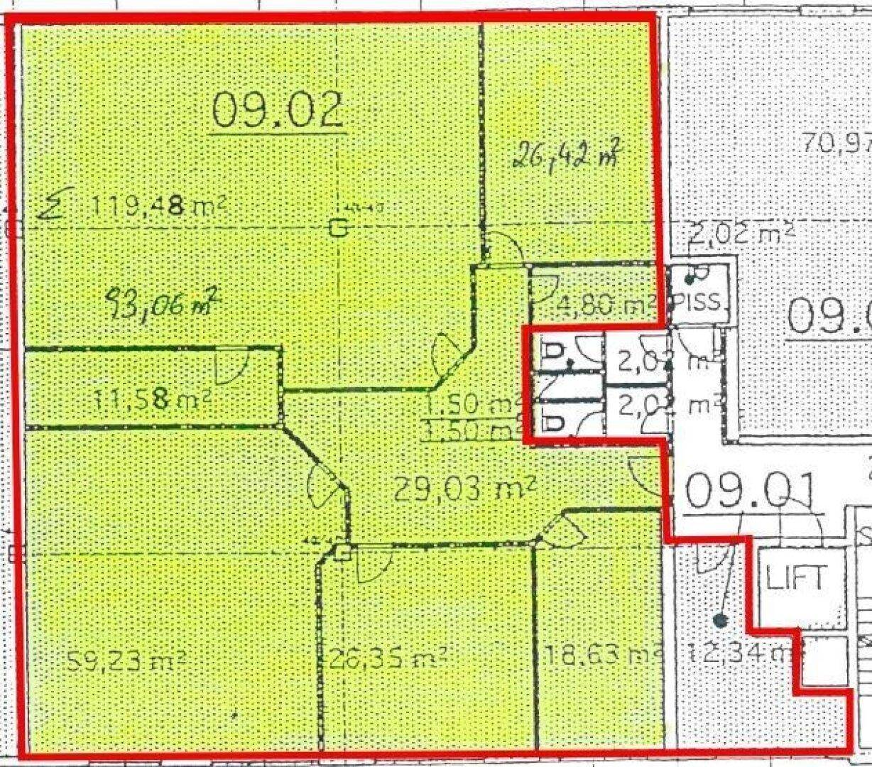 Grundrissplan mit Flächenangaben und der Lage des Aufzugs.