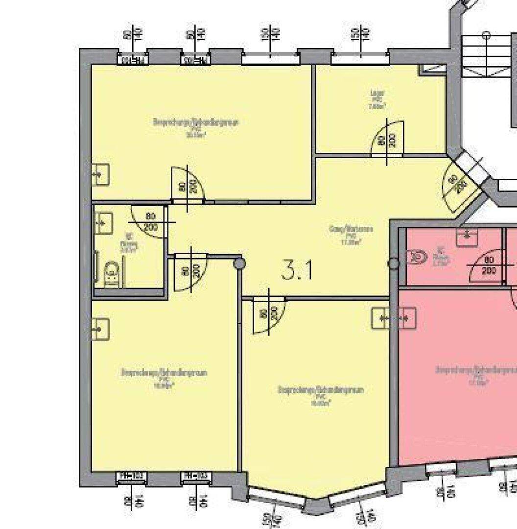 Detaillierter Grundriss einer Etage mit mehreren Räumen und Bemaßungen, der die Raumaufteilung übersichtlich darstellt.