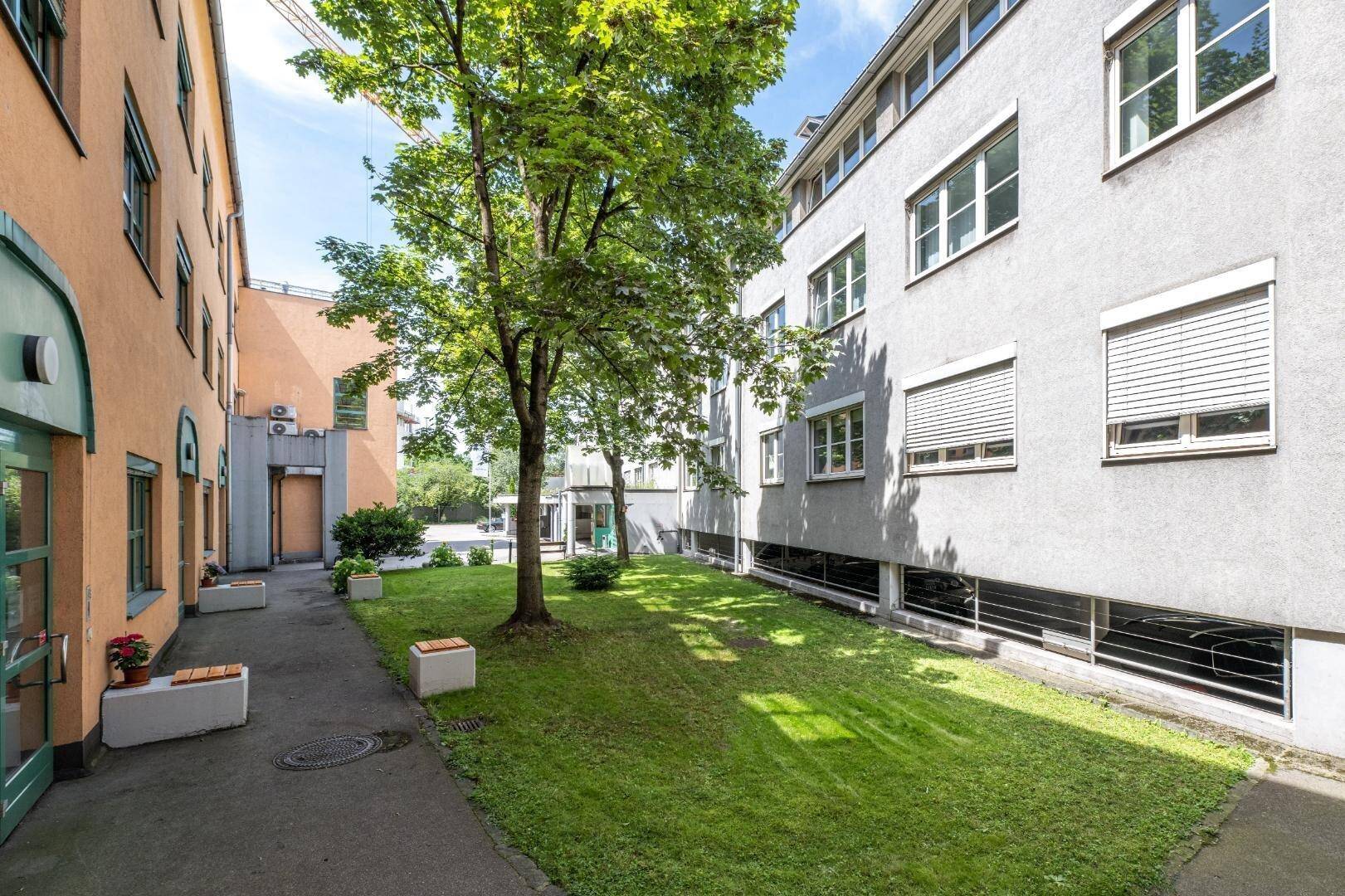 Blick auf den begrünten Innenhof zwischen zwei Gebäuden mit Rasenfläche, Bäumen und einem gepflasterten Weg.