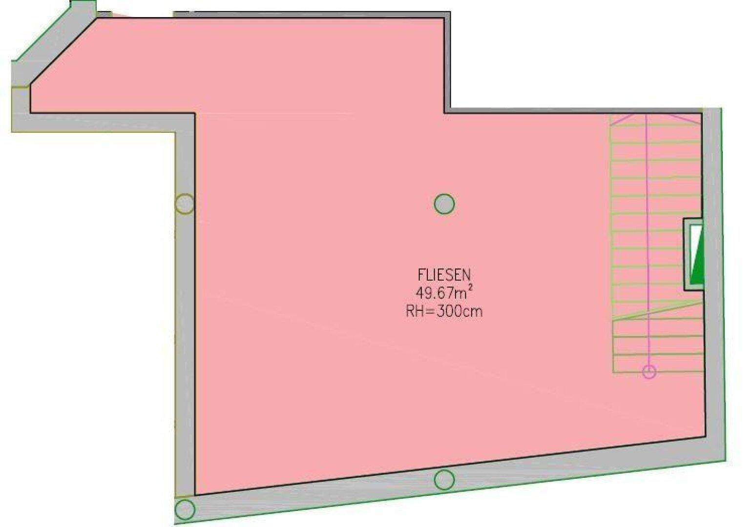 Grundrissplan zeigt einen gefliesten Bereich von 49,67 m² mit einer Raumhöhe von 300 cm.