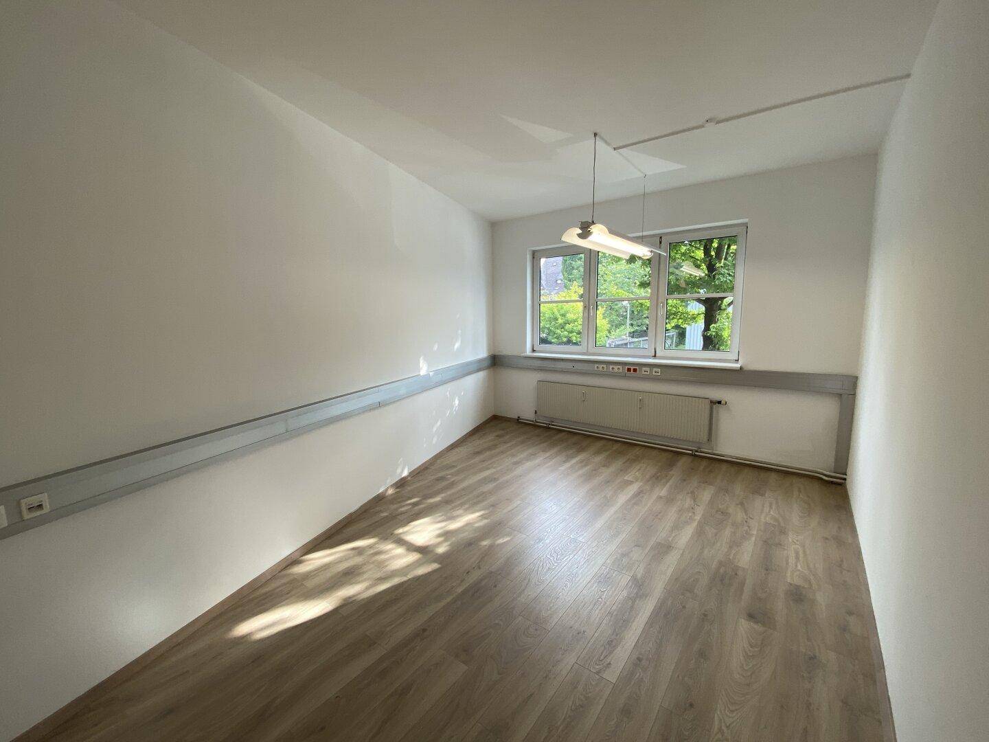 Leerer Büroraum mit Laminatboden, weißen Wänden und einem Fenster mit Blick auf Bäume und Natur.