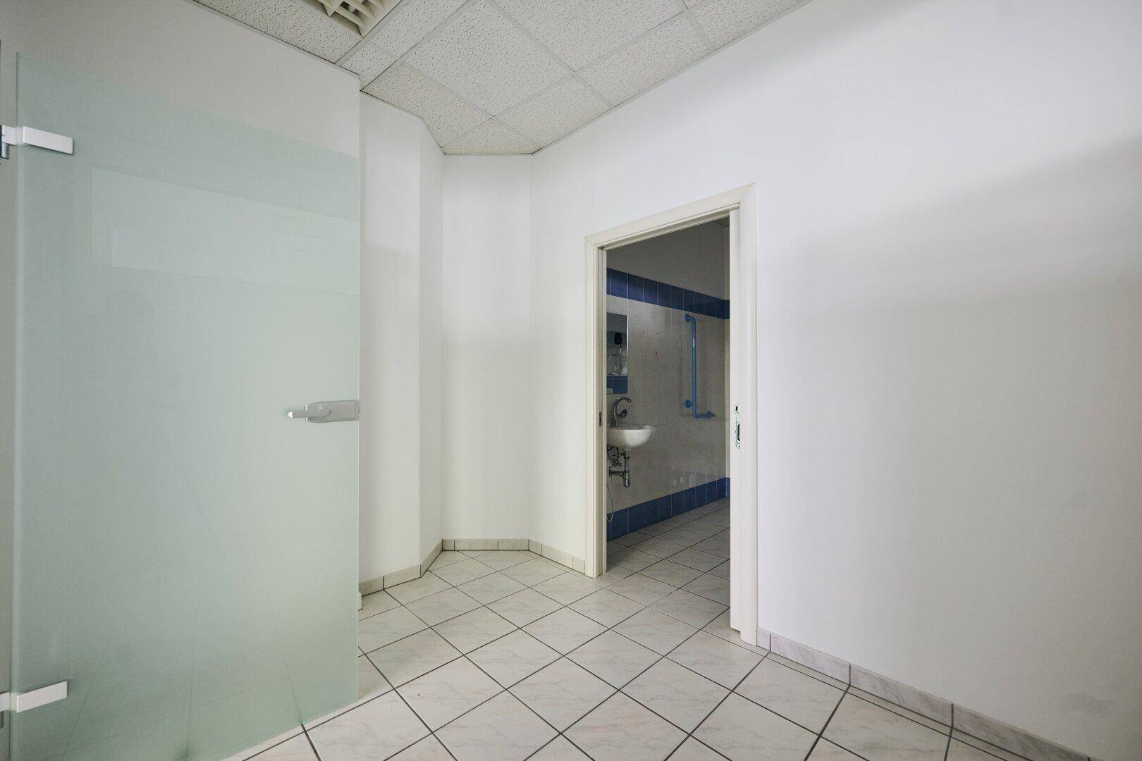 Bereich mit einer Milchglastür und einem offenen Zugang zu einem gefliesten Badezimmer.