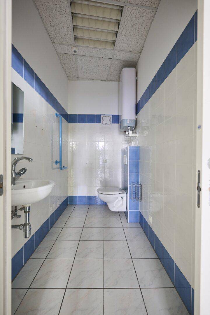 Schmaler Sanitärraum mit WC, Waschbecken, Haltegriffen und blau-weißen Fliesen.