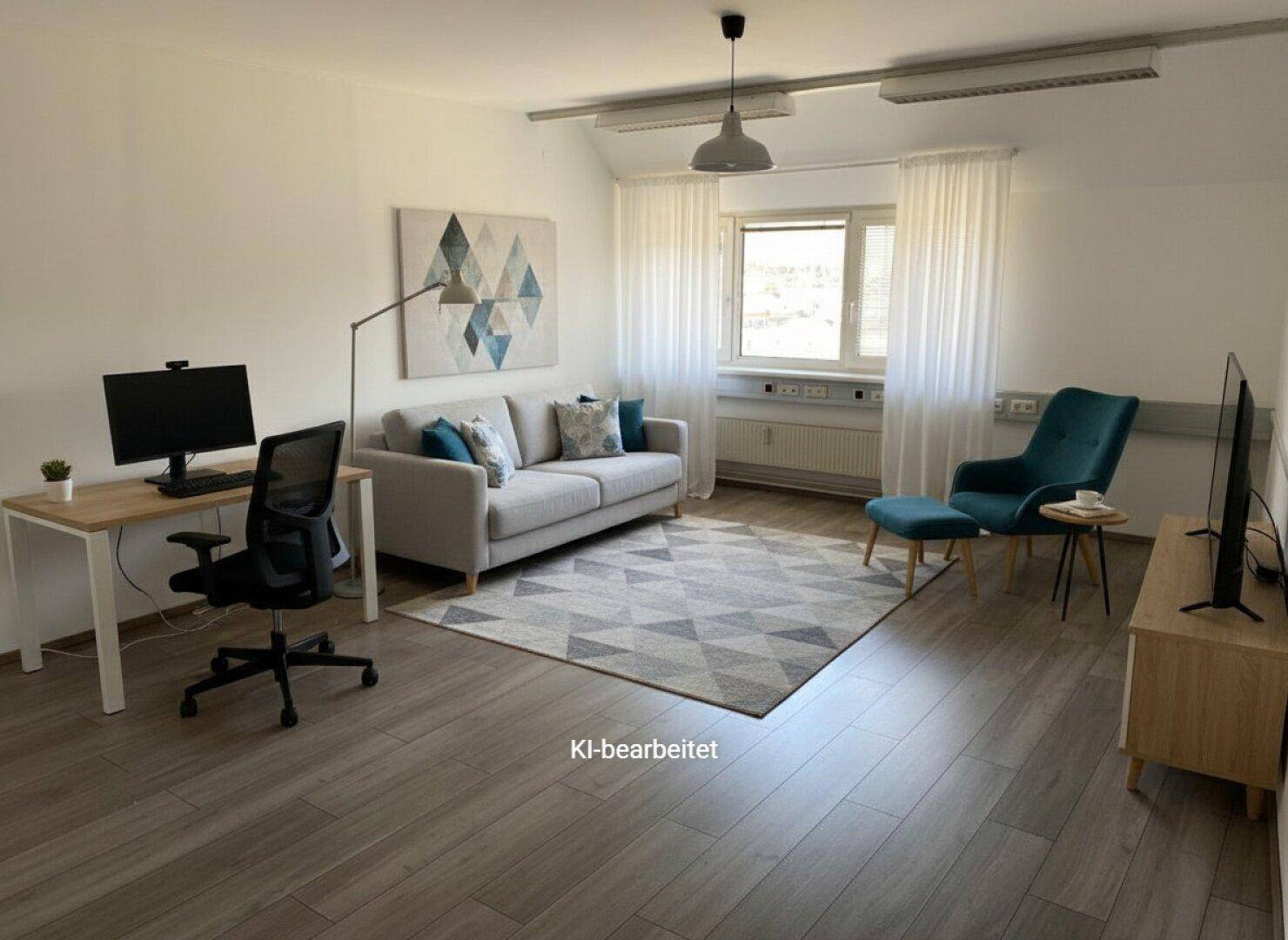Gemütlicher Lounge-Bereich mit Sofa, Sessel, Schreibtisch und Teppichboden für entspannte Arbeitsatmosphäre.