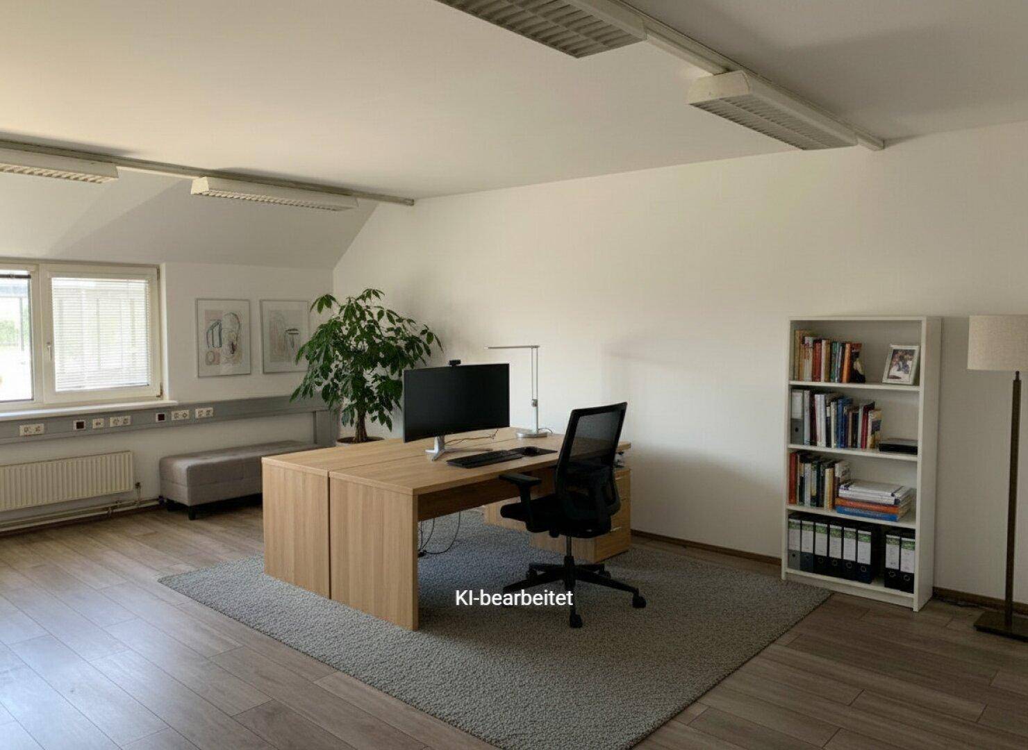 Helles Einzelbüro mit modernem Holzschreibtisch, Bürostuhl, Bücherregal und Pflanzenakzenten.