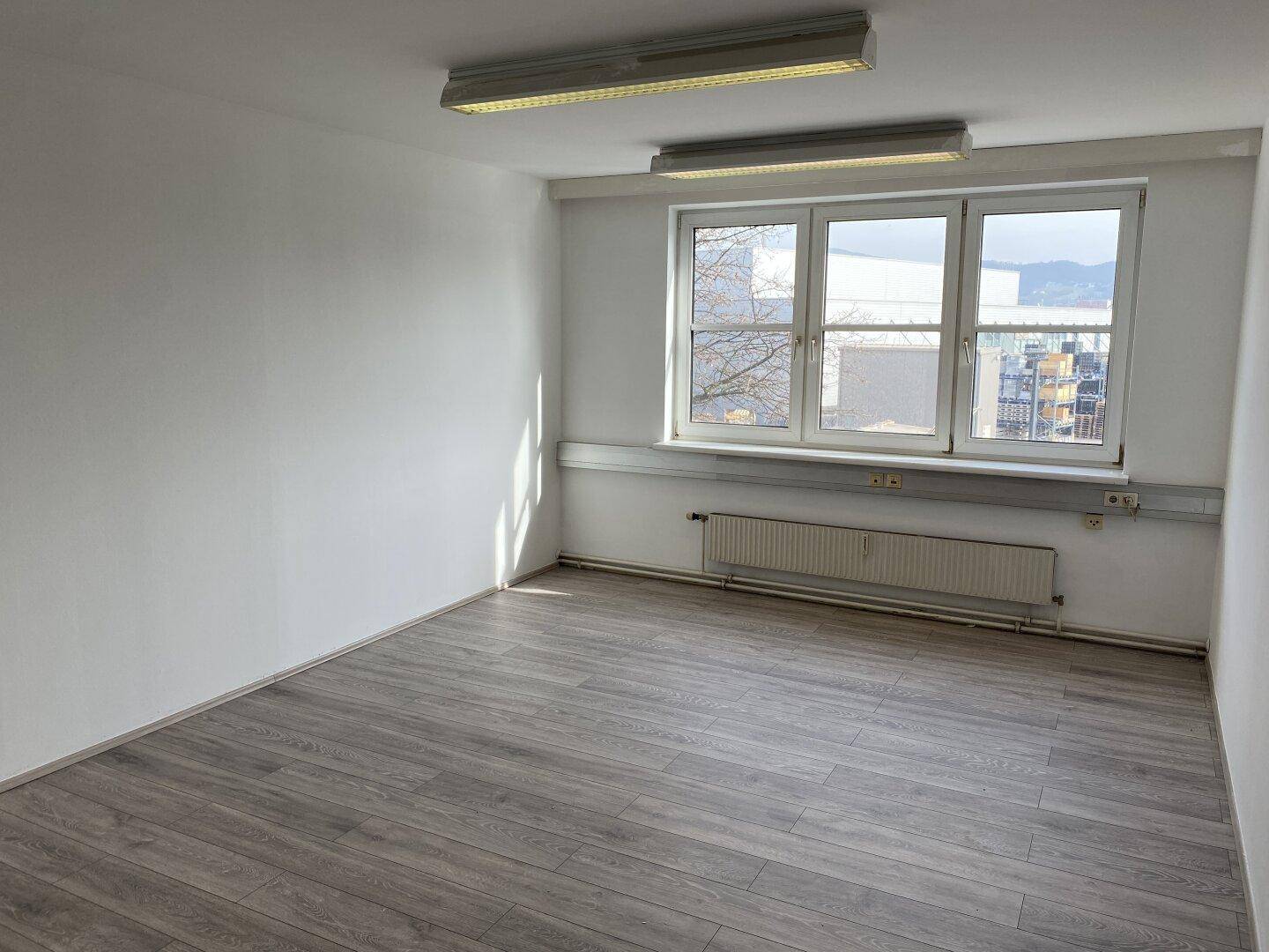 Heller, leerer Büroraum mit Blick auf die Umgebung durch die großen Fenster.