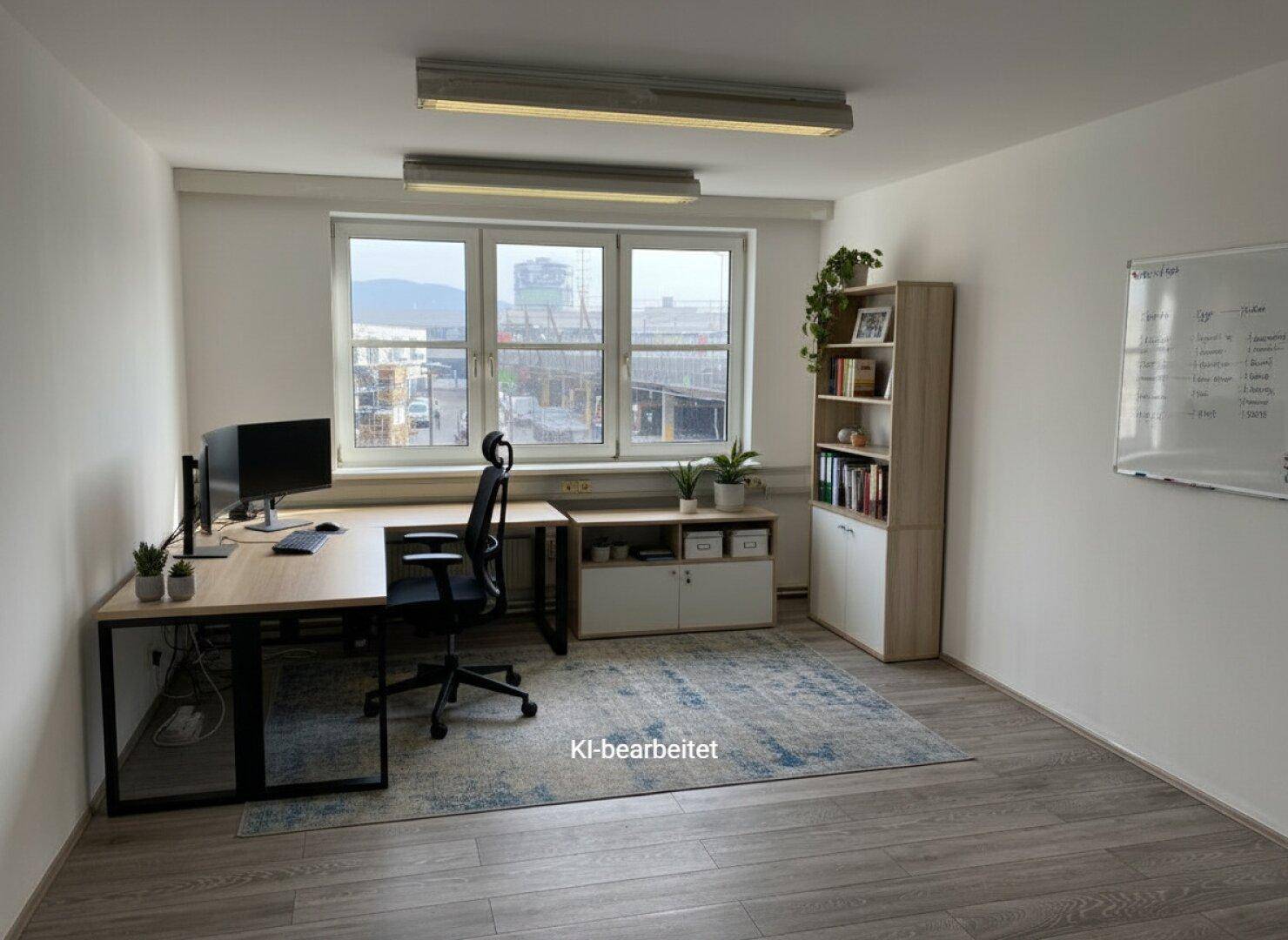 Möblierter Büroraum mit Schreibtisch, Regal und Teppich, bietet eine angenehme Arbeitsumgebung.