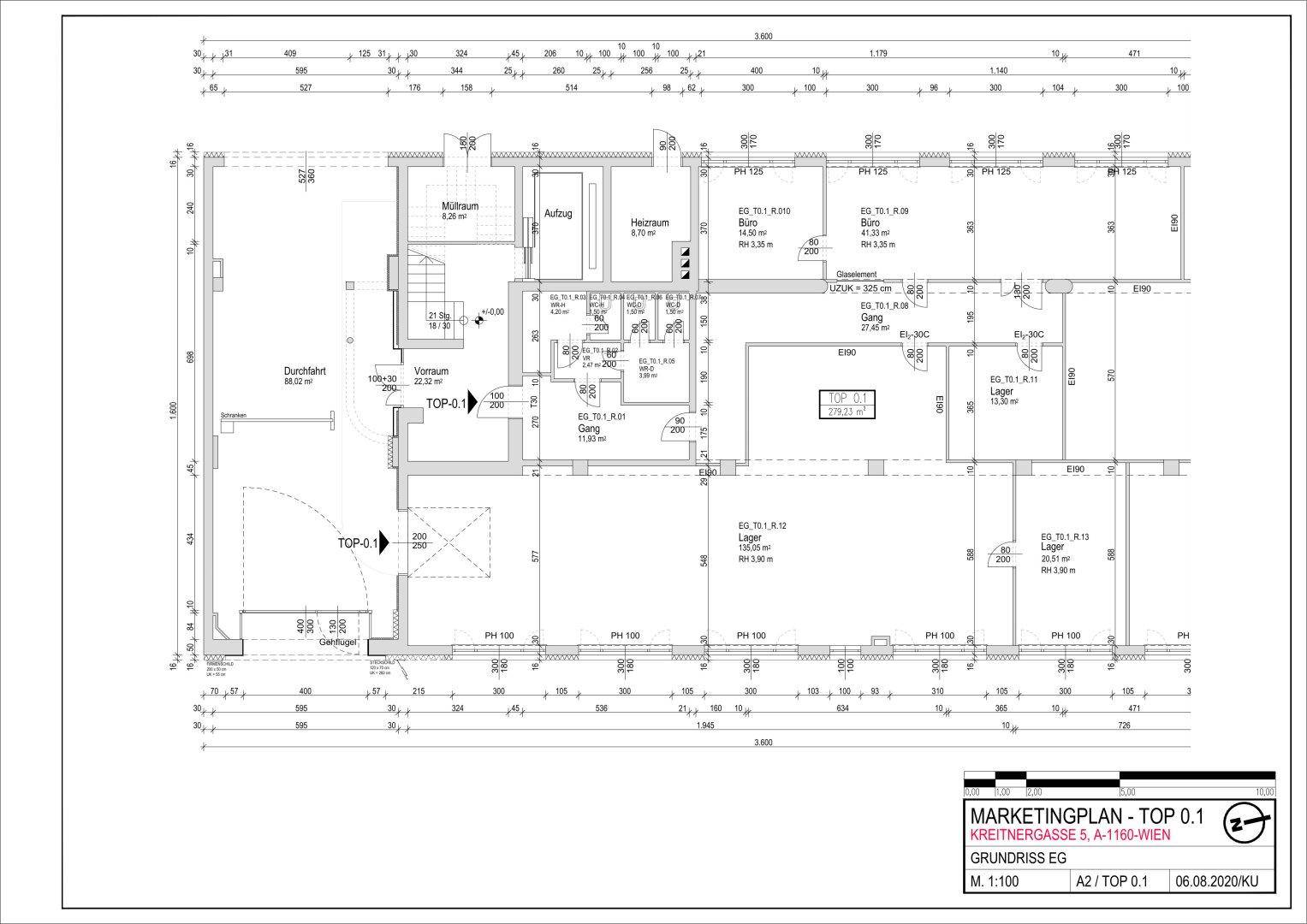 Detaillierter Grundriss des Erdgeschosses mit verschiedenen Büros und Lagerräumen.