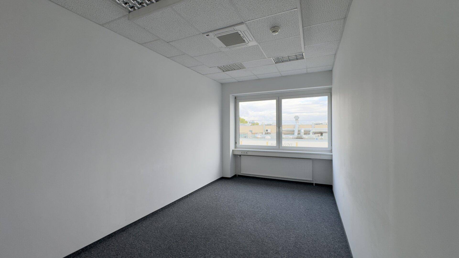 Leeres, kompaktes Büro mit Teppichboden und einem großen Fenster, das viel Tageslicht hereinlässt.