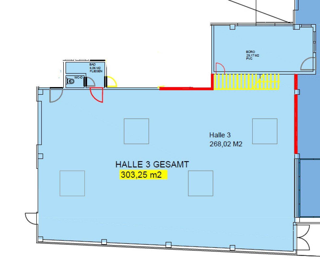 Ausschnitt des Grundrisses für Halle 3 mit angrenzendem Bad und weiteren Räumlichkeiten.