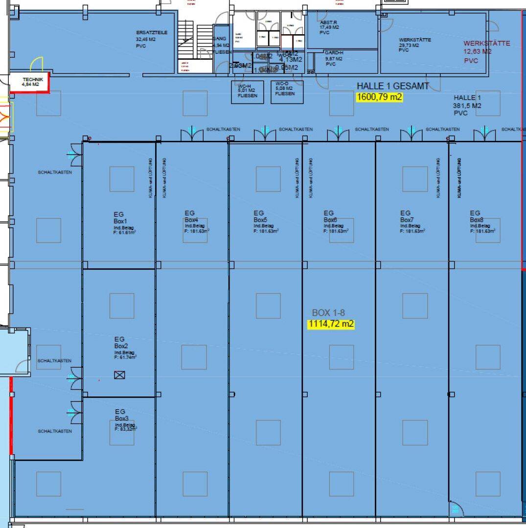 Detaillierter Grundriss der Halle 1 mit mehreren Boxen und angrenzenden Werkstattbereichen.