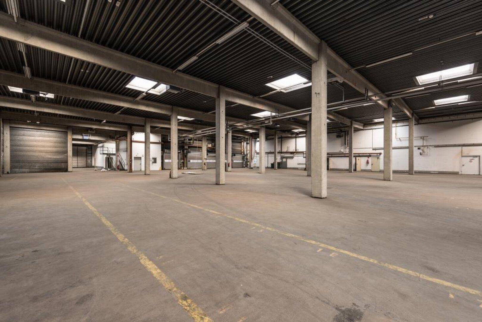 Große, leere Lagerhalle mit zahlreichen Betonpfeilern, hohen Decken und einem robusten Betonboden.
