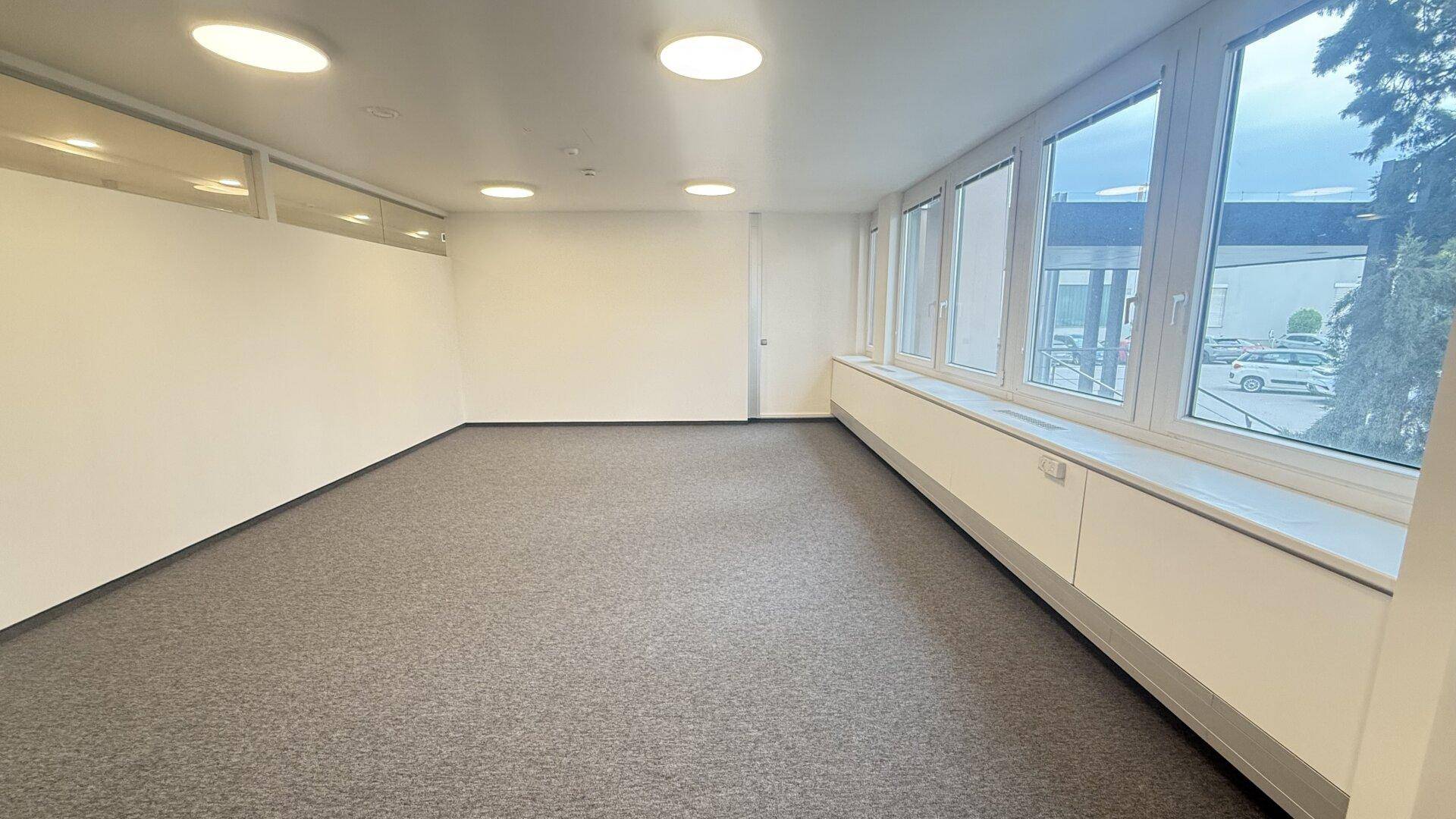Helles und geräumiges Büro mit Teppichboden und einer Fensterfront, die viel Licht spendet.