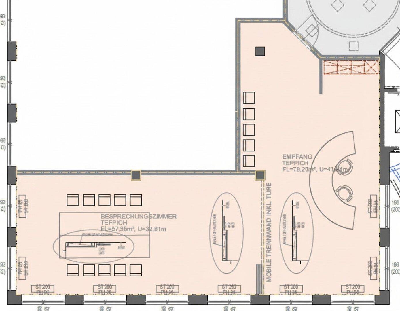 Grundrissplan zeigt einen Empfangsbereich und ein Besprechungszimmer mit mobilen Trennwänden und großen Fenstern.