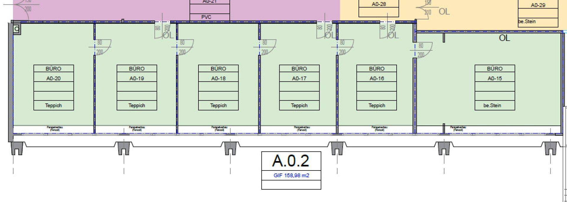 Grundrissplan einer Büroetage mit mehreren Einzelbüros und unterschiedlichen Bodenbelägen, die eine Gesamtfläche von 158,98 m² aufweist.