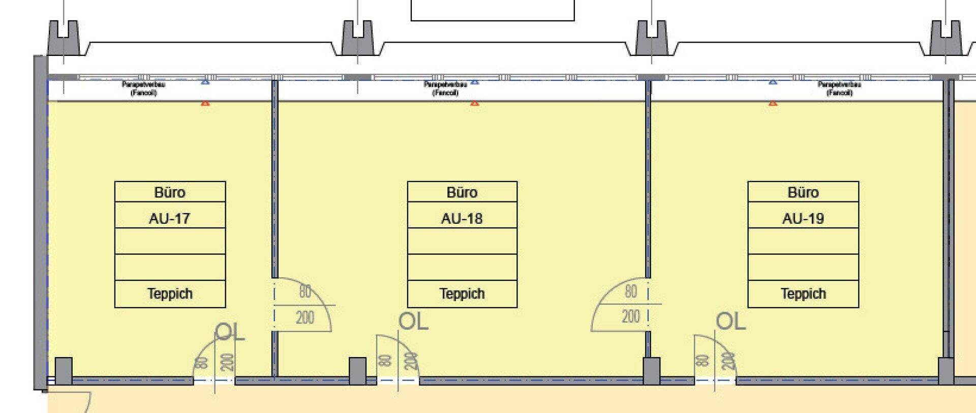 Grundriss zeigt drei separate Büroräume mit Teppichboden und Türen, ideal für gewerbliche Nutzung.