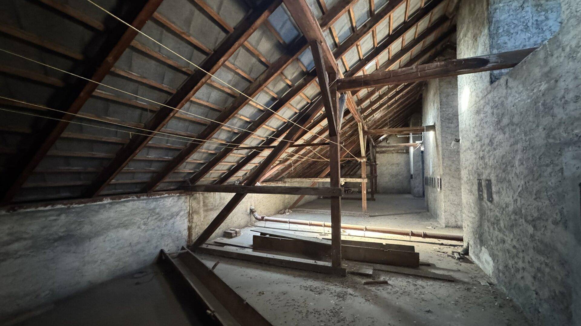 Großer, ungenutzter Dachbodenbereich mit Holzbalken und viel Potenzial für einen zukünftigen Ausbau.