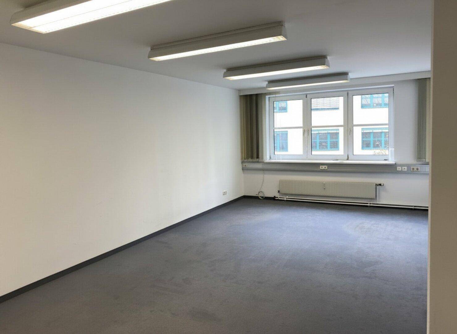 Heller Büroraum mit großen Fenstern, Teppichboden und funktionaler Deckenbeleuchtung.