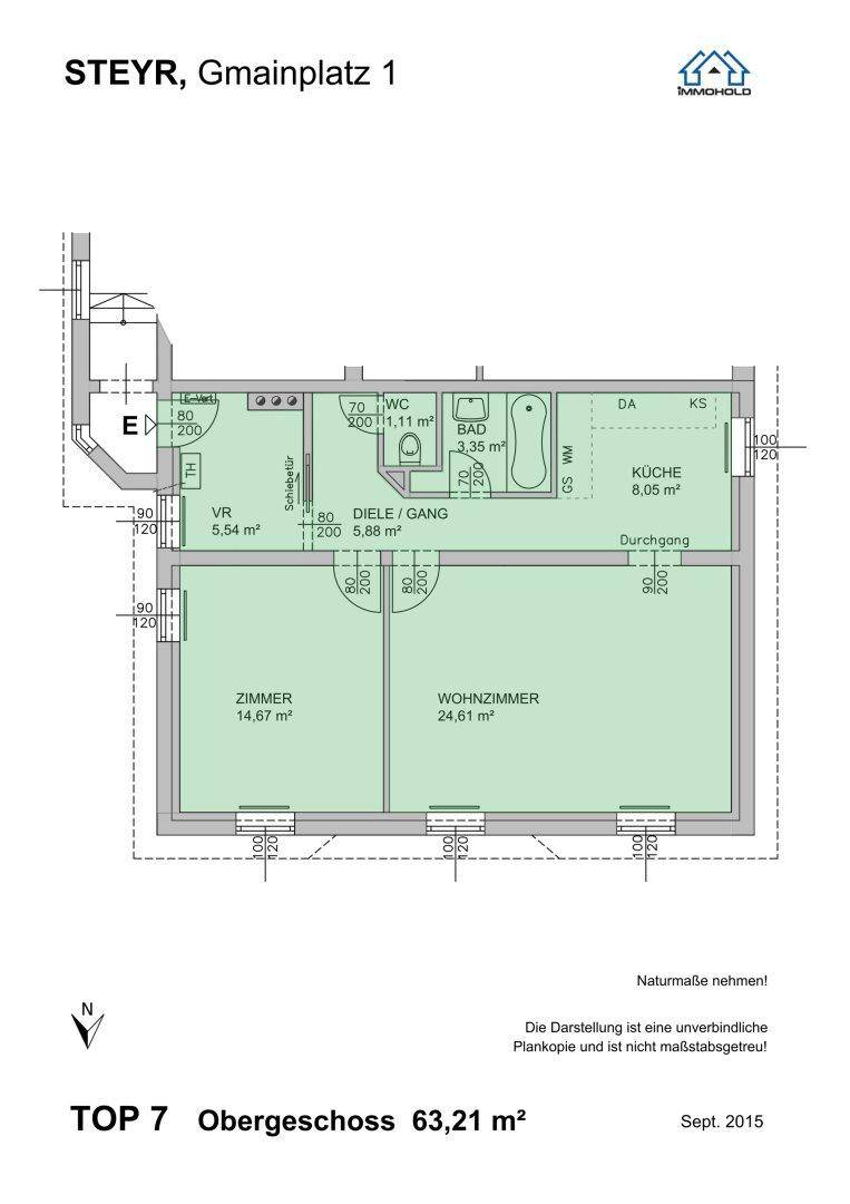 Grundrissplan einer Obergeschosswohnung mit separater Küche, Bad, WC und Aufzugzugang.