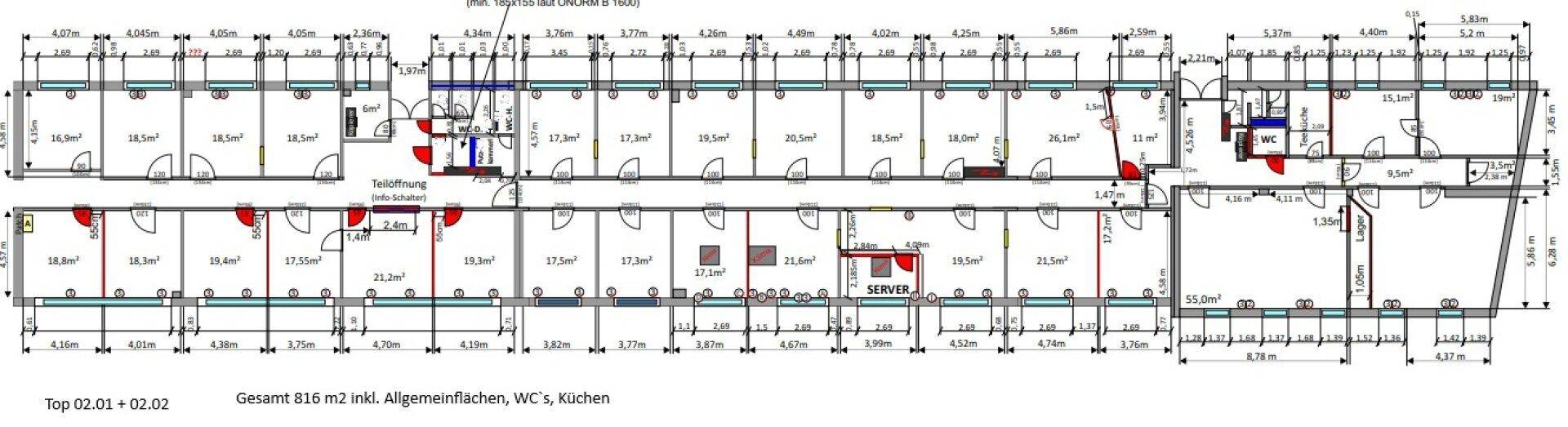 Detaillierter Grundrissplan mit zahlreichen Büroräumen, Gemeinschaftsflächen, WCs und Küchen auf einer Gesamtfläche von 816 m².