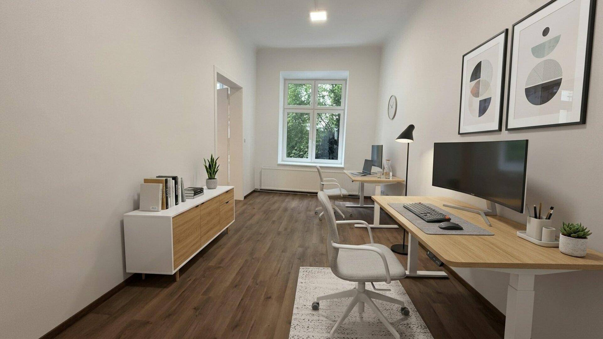 Modern eingerichtetes Büro mit zwei Arbeitsplätzen, Holzoptikboden und einem Fenster mit Grünblick.