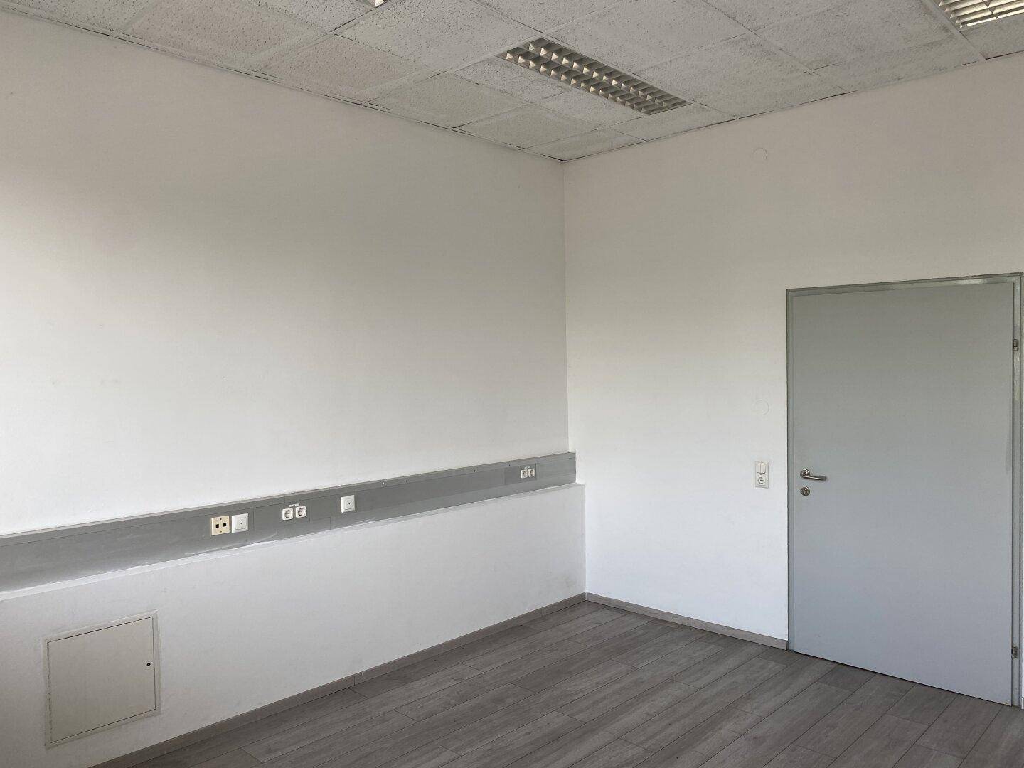 Leeres Büro mit weiß gestrichenen Wänden, Laminatboden und einer modernen grauen Tür.