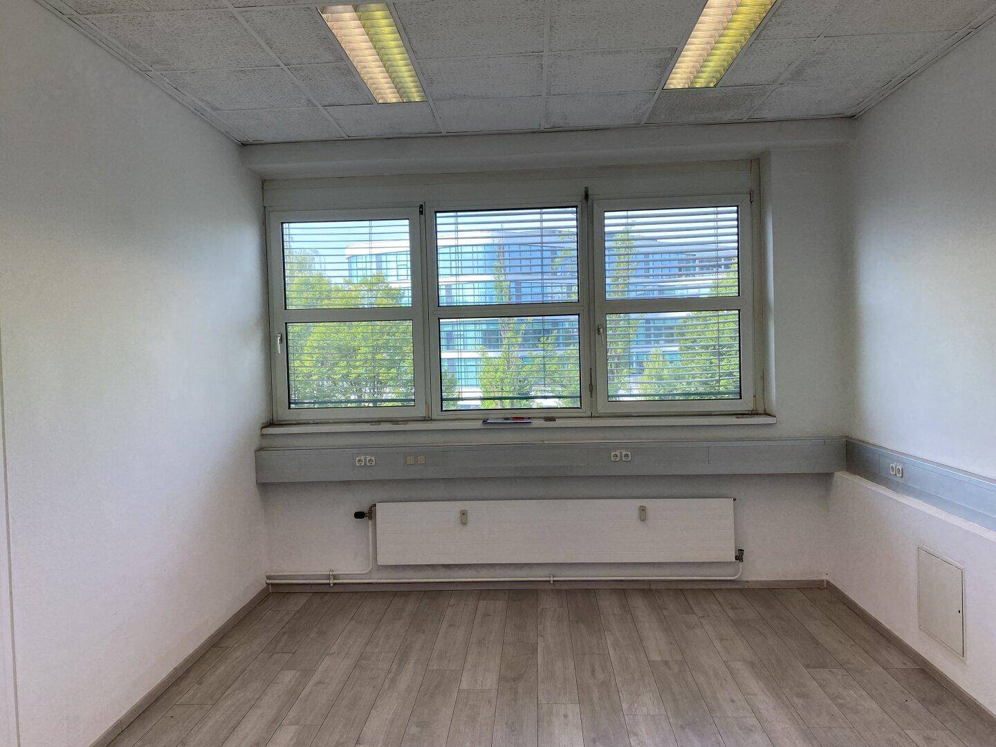 Leeres Büro mit großen Fenstern, Heizkörper und Deckenbeleuchtung, bereit zur individuellen Gestaltung.