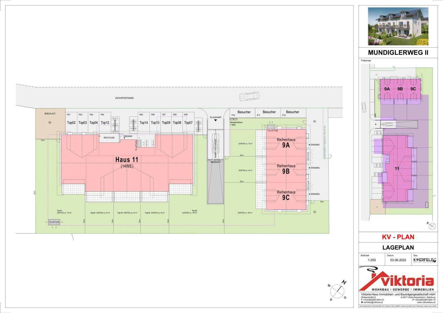Lageplan des Wohnkomplexes mit Haus 11 und den Reihenhäusern 9A, 9B, 9C sowie Außenparkplätzen.