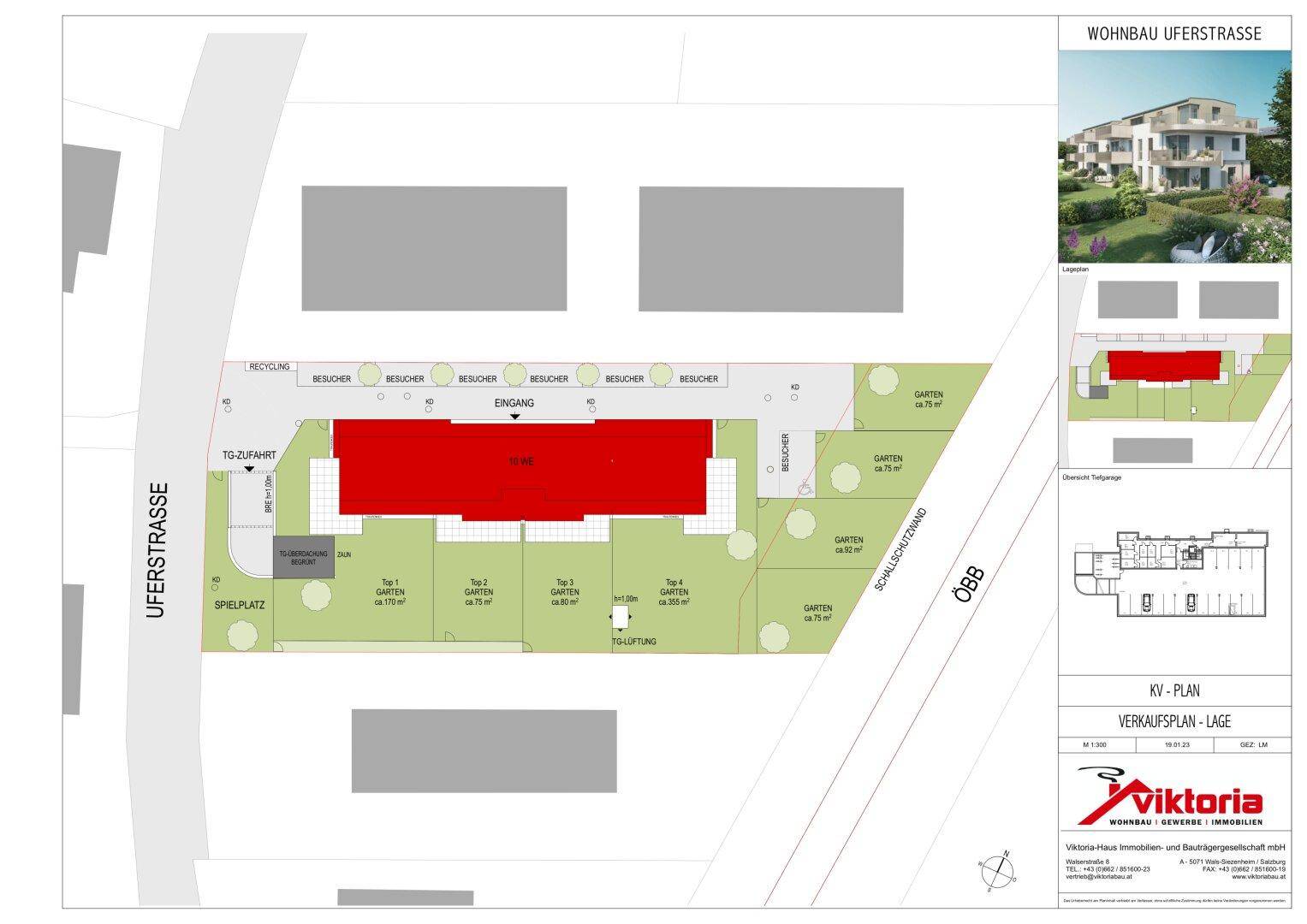Übersichtsplan des Wohnbaus Uferstraße mit Gebäudelayout, Gärten, Spielplatz und Besucherparkplätzen.