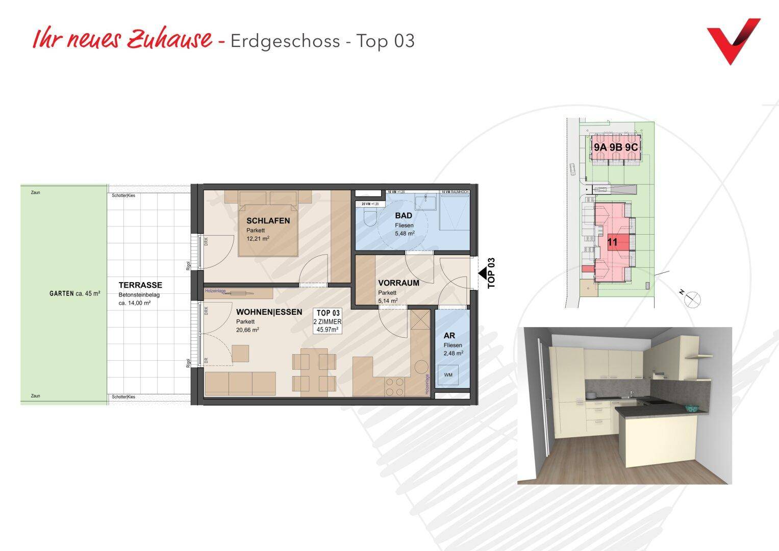 Grundriss der Erdgeschosswohnung Top 03 mit Schlafzimmer, Wohn-Essbereich und Terrasse.