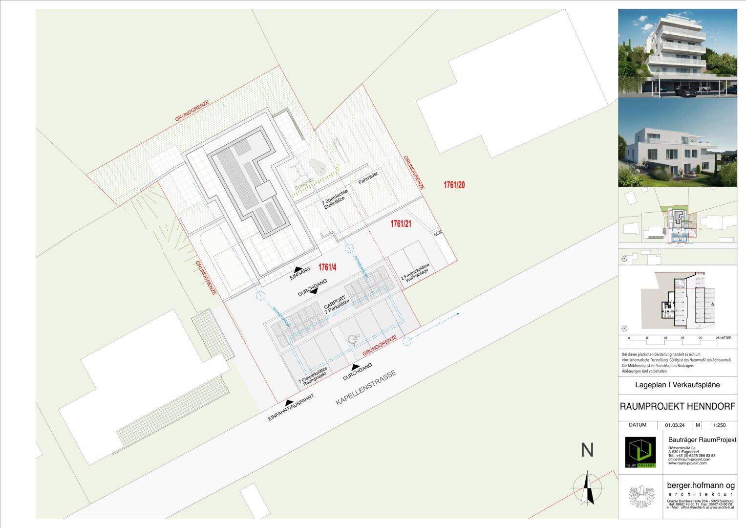 Lageplan des Verkaufsprojekts Henndorf mit Grundstücksgrenzen und Carport-Stellplätzen.