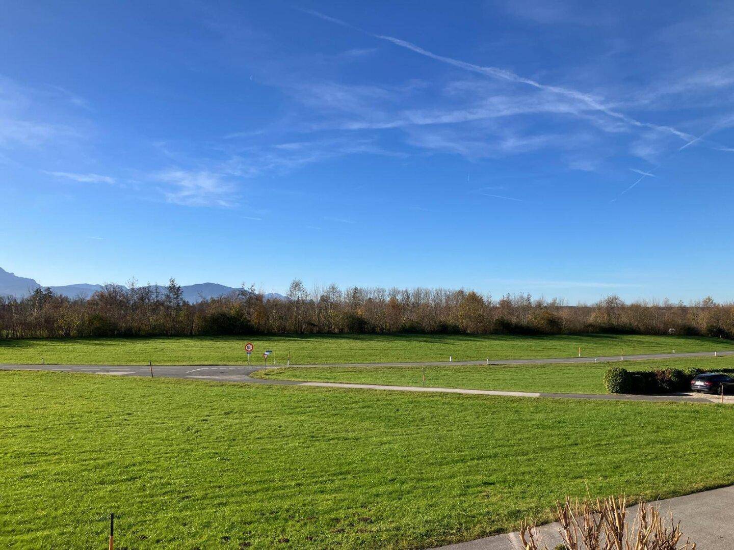 Weitläufige grüne Landschaft mit Feldern und Bergen unter strahlend blauem Himmel.