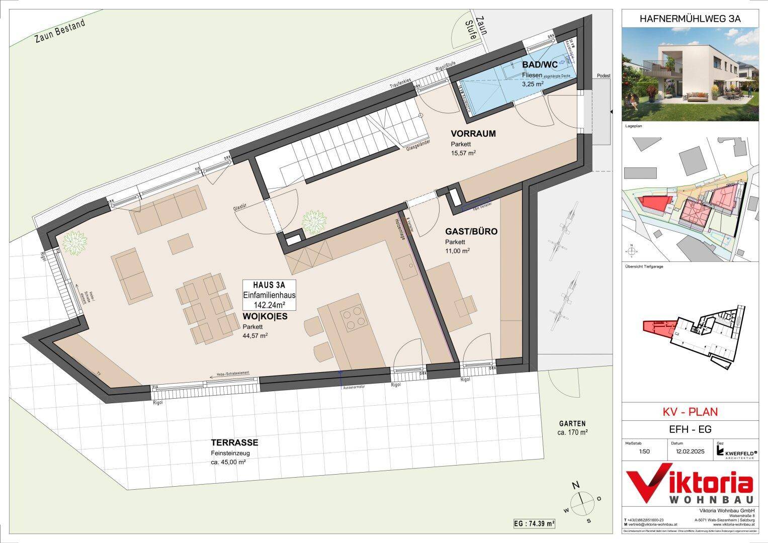 Grundriss des Erdgeschosses mit offenem Wohnbereich, Terrasse und direktem Gartenzugang.