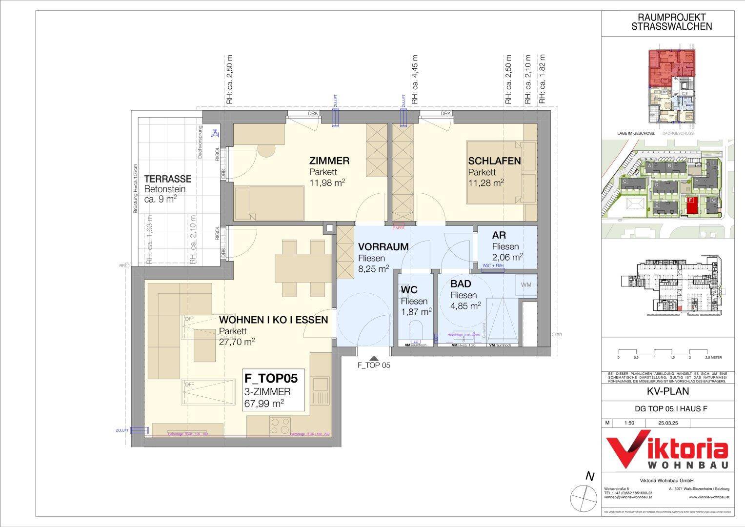Detaillierter Grundriss einer 3-Zimmer-Wohnung mit Terrasse, Wohnküche und Parkettboden.