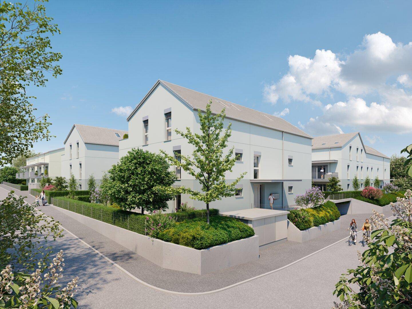 Ansicht einer modernen Wohnanlage mit hellen Fassaden und gepflegten Grünflächen entlang der Straße.