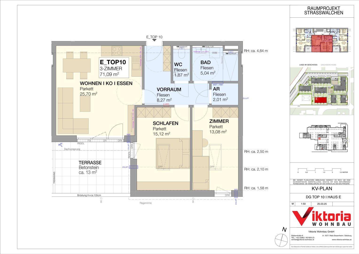 Grundriss der Wohnung E. TOP 10 mit offenem Wohnbereich, zwei Schlafzimmern und Terrasse.