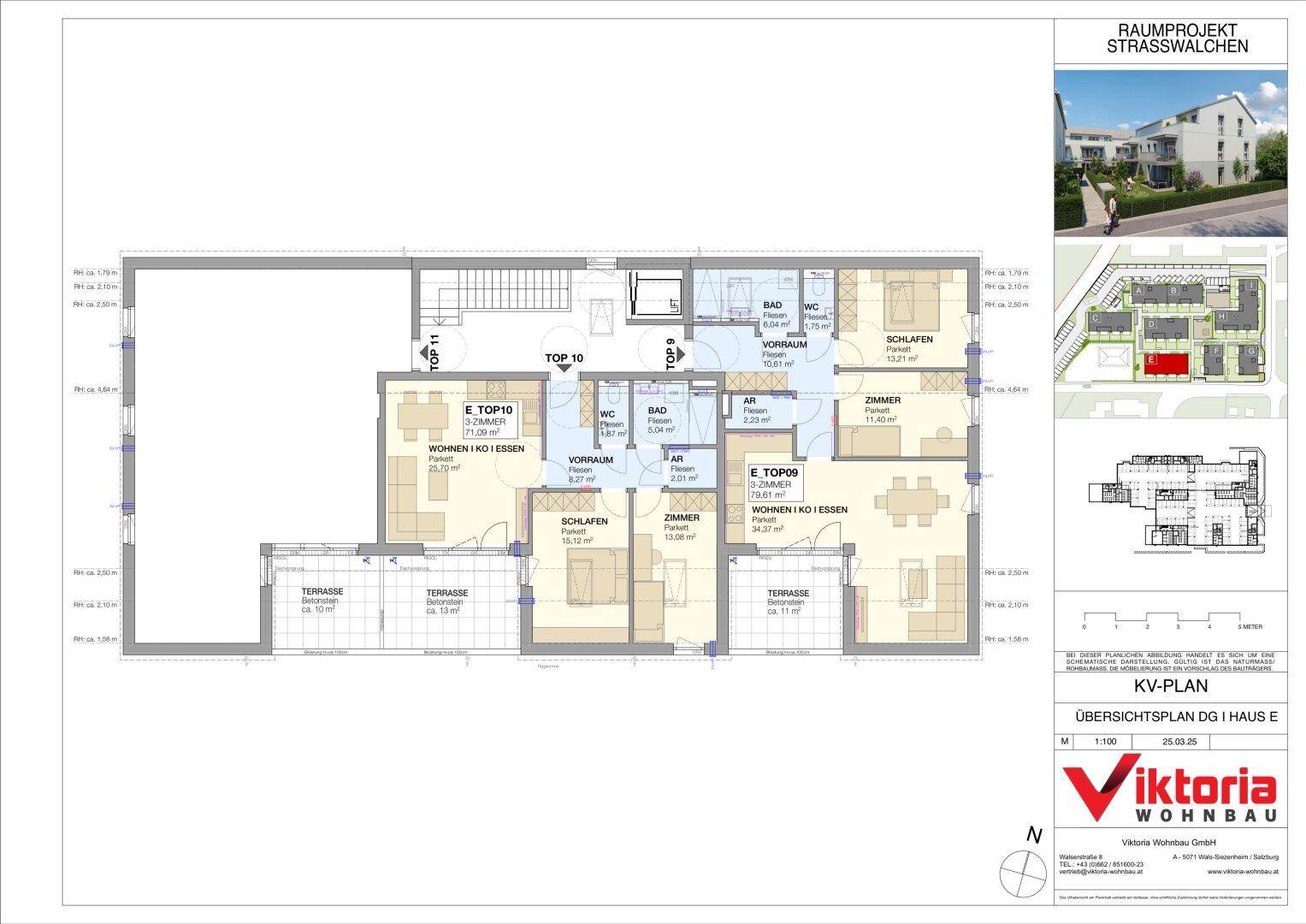 Übersichtsplan des Dachgeschosses im Haus E mit mehreren Wohnungen und Terrassen.