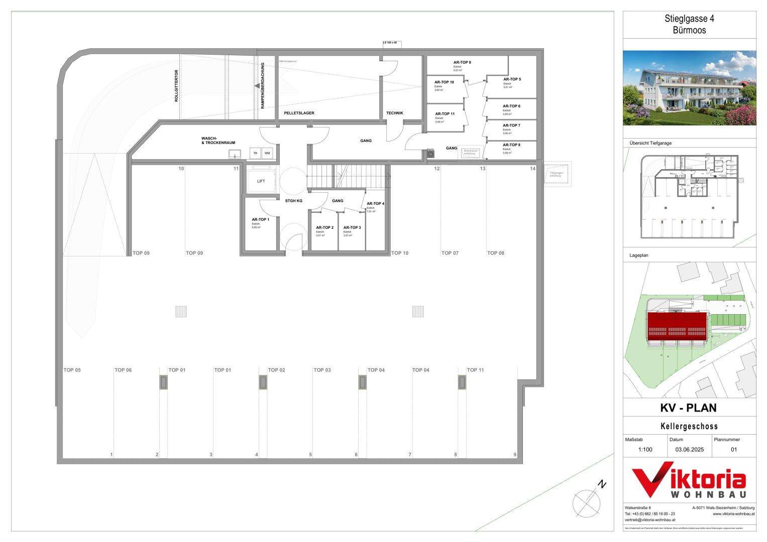 Grundriss des Kellergeschosses mit Abstellräumen, Tiefgarage und Aufzug.
