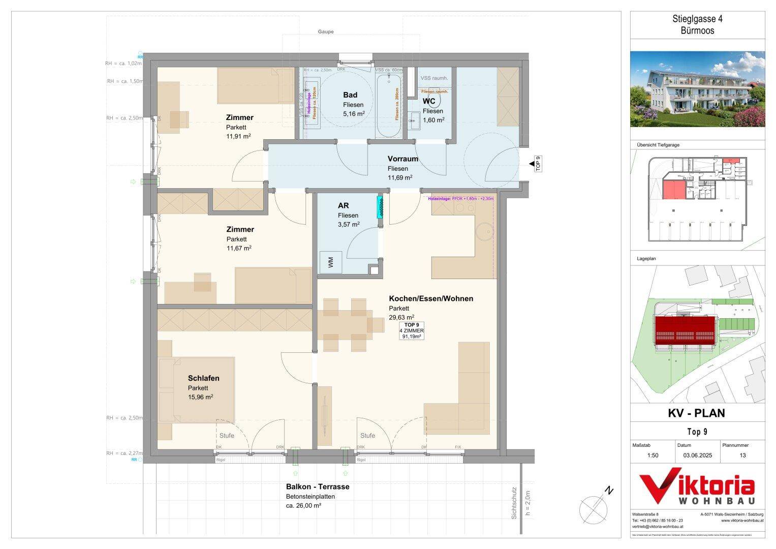 Detaillierter Grundriss der Wohnung Top 9 mit drei Zimmern, offenem Wohnbereich und großem Balkon.