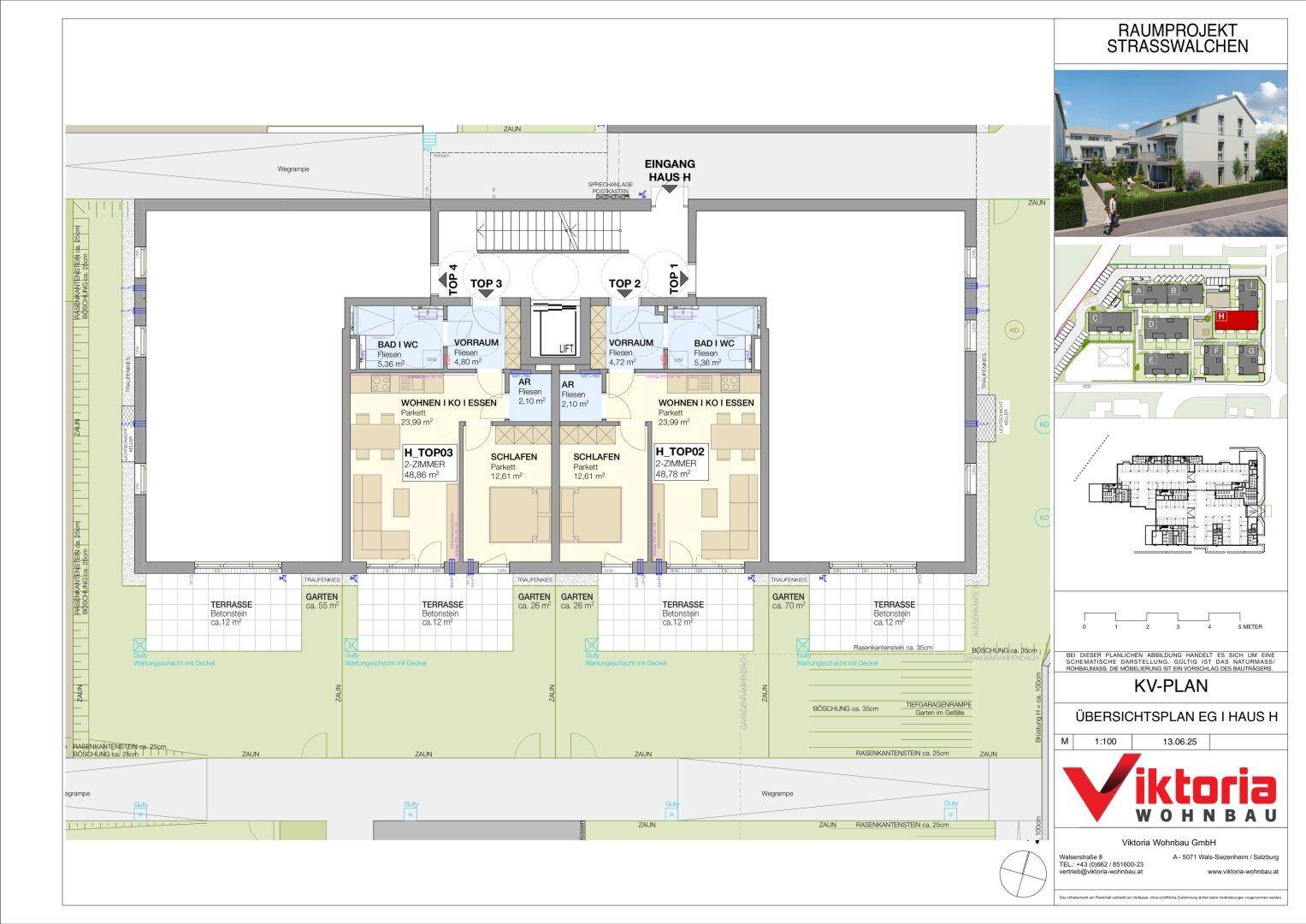 Übersichtsplan der Erdgeschosswohnungen in Haus H mit Terrassen und Gärten.