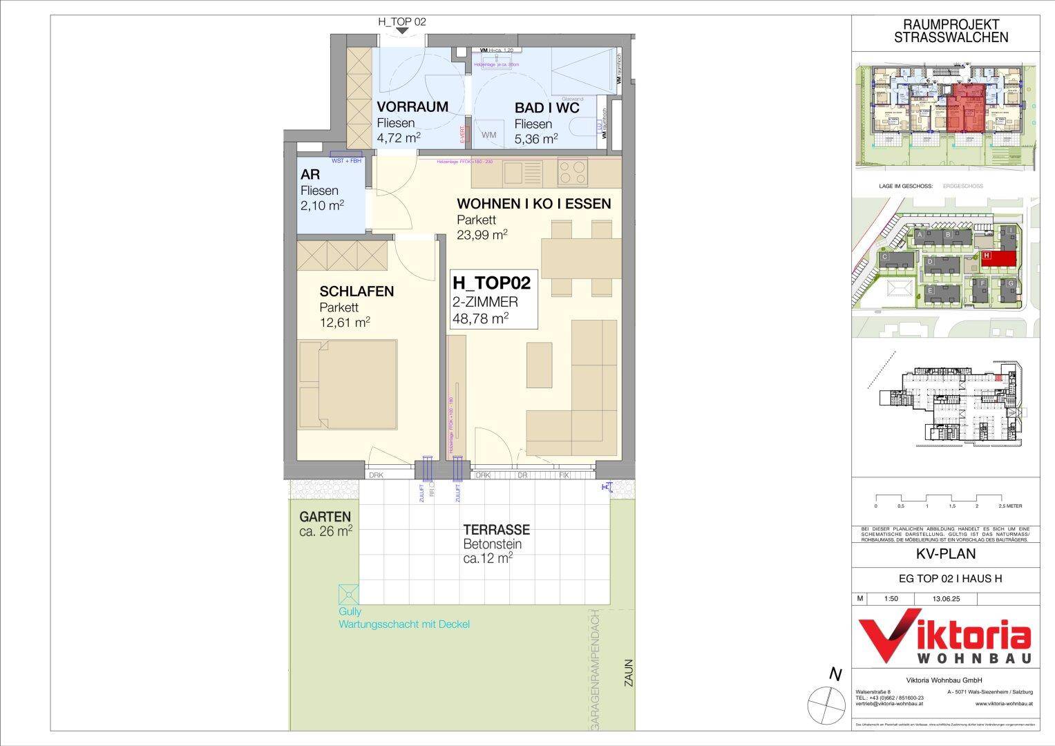 Grundriss der Wohnung H.TOP 02 mit Schlafzimmer, offenem Wohnbereich, Bad, Terrasse und Garten.
