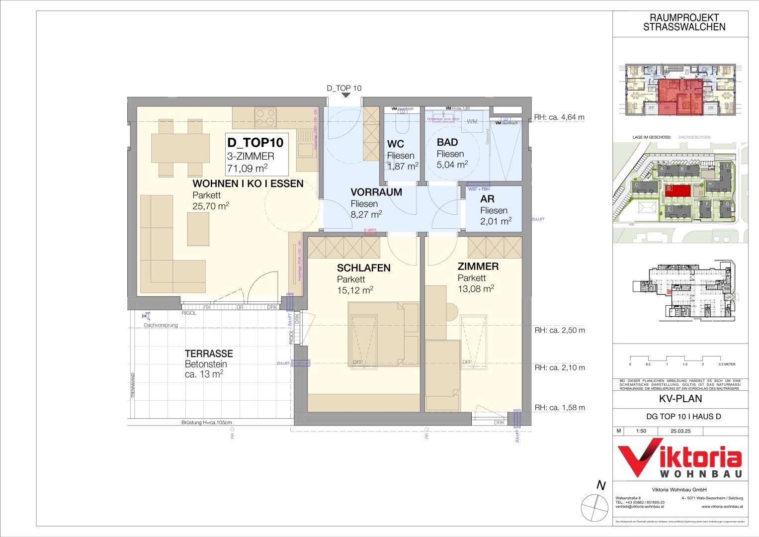 Detaillierter Grundriss einer 3-Zimmer-Wohnung mit offenem Wohn-Essbereich und Terrasse.