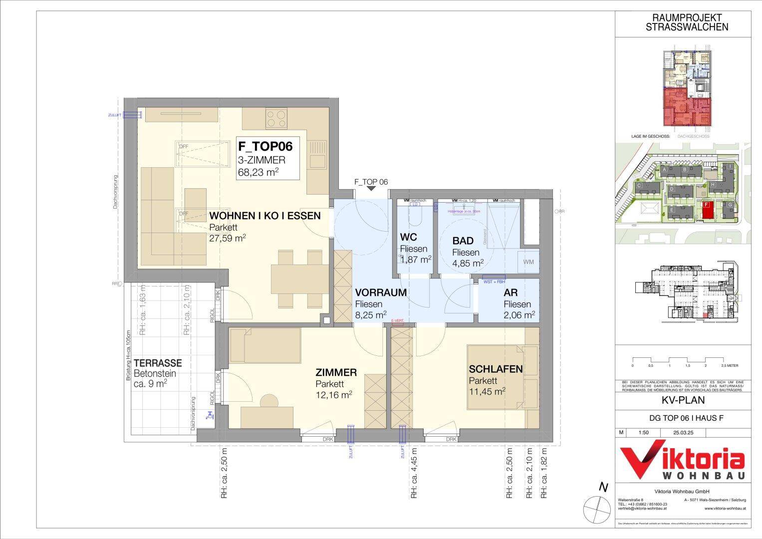 Grundriss einer 3-Zimmer-Wohnung mit Terrasse und offenem Wohn-Essbereich.
