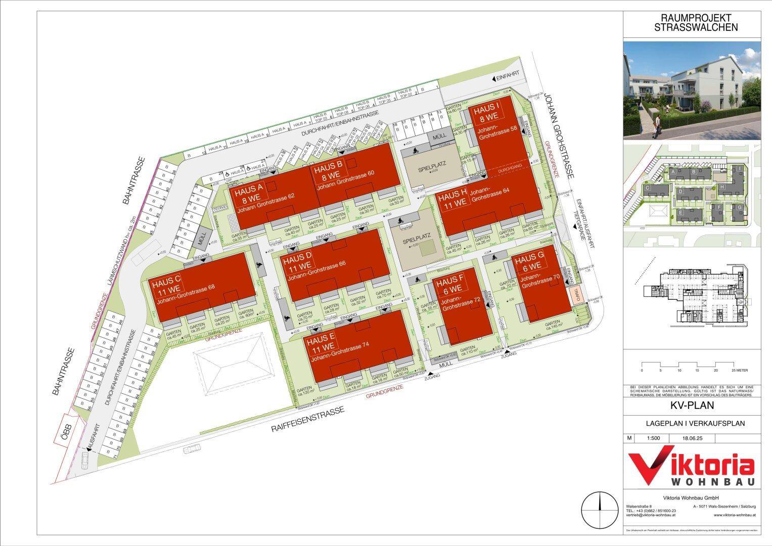 Lageplan des Wohnprojekts mit mehreren Gebäuden, Straßen und einem Spielplatz.
