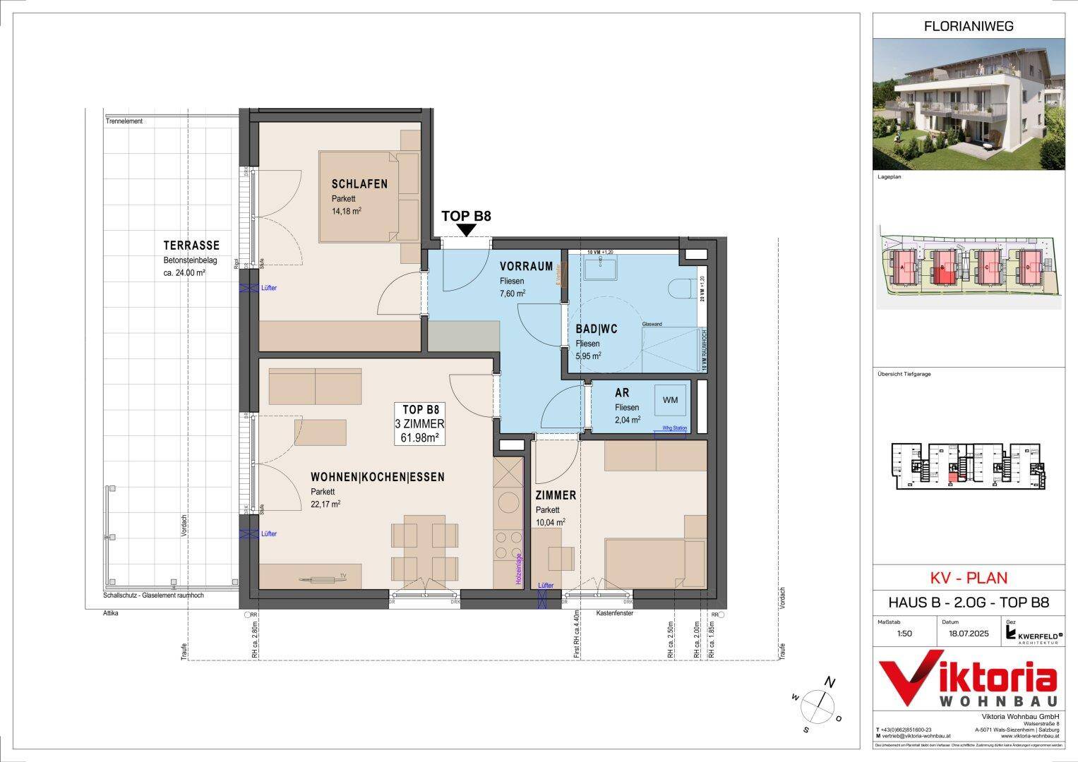 Grundriss der Wohnung TOP B8 mit Wohn-/Koch-/Essbereich, Schlafzimmern und großer Terrasse.