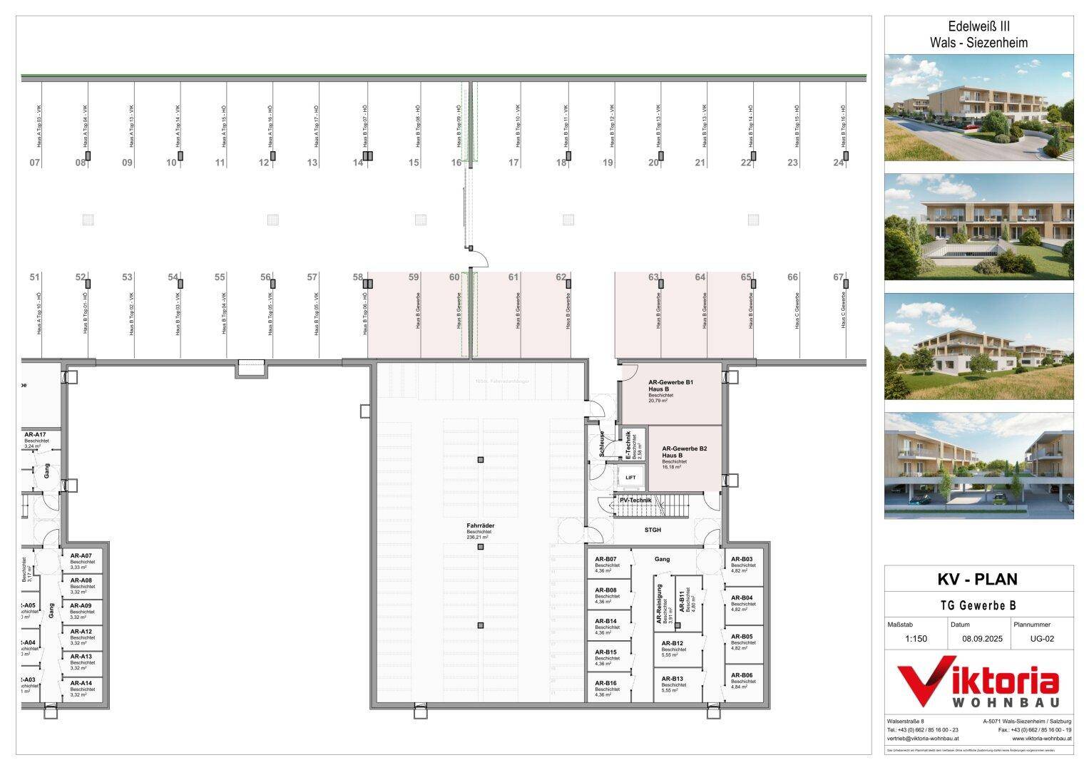 Grundriss der Tiefgarage für Gewerbeeinheit B mit zahlreichen Stellplätzen und Lagerräumen.