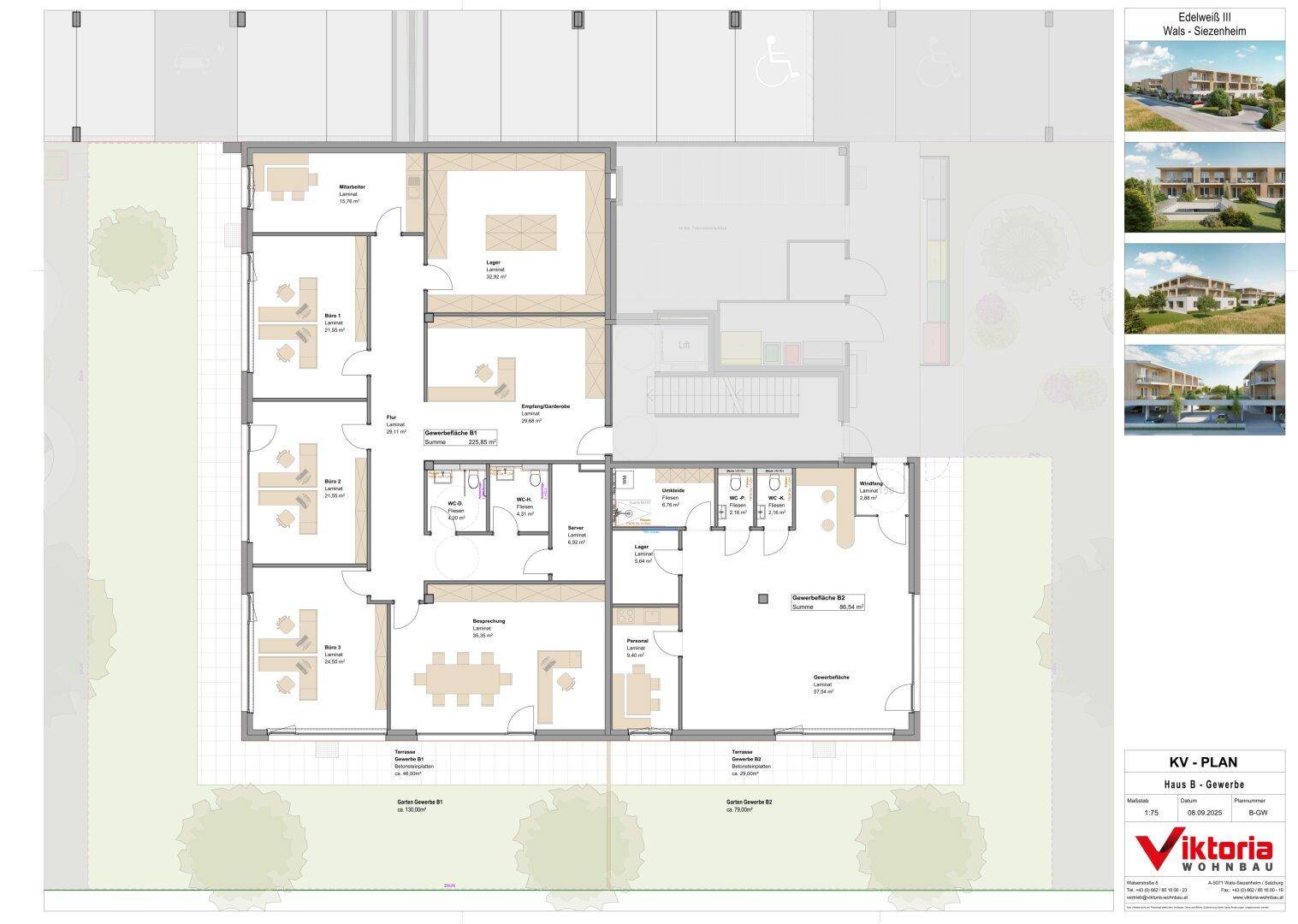 Grundriss für Gewerbeeinheit B mit mehreren Büroräumen, Sanitäranlagen und einer Terrasse.