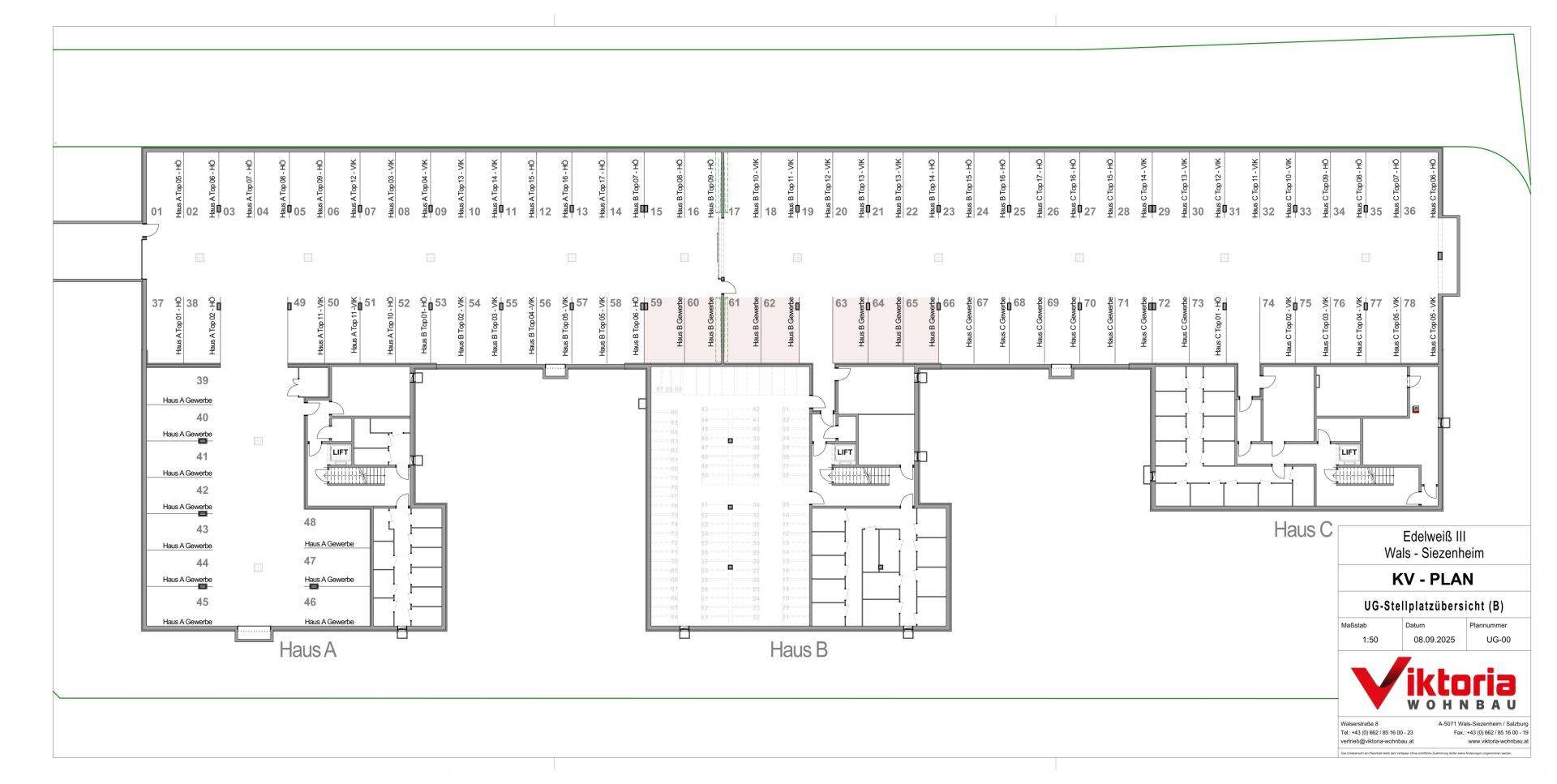 Grundriss des Untergeschosses mit großem Stellplatzbereich für die Häuser A, B und C.